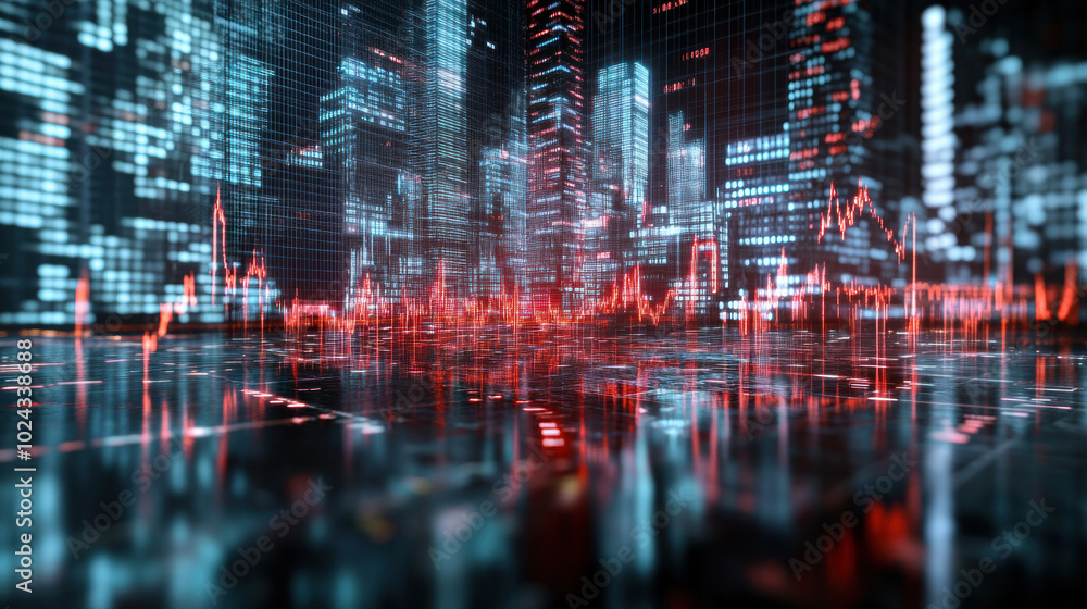 Poster futuristic cityscape with glowing skyscrapers and digital data visualizations creates vibrant atmosp