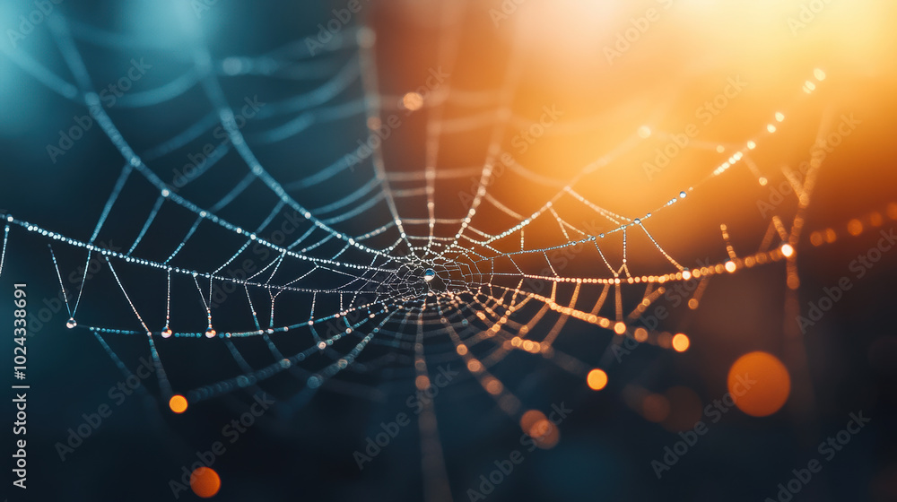 Poster stunning macro photography of dewdrops on spider web, showcasing intricate details and beautiful bok