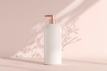 Elegant shampoo package, simple plastic bottle design, minimalist aesthetic, suitable for modern bathroom decor, eco-friendly materials, versatile branding