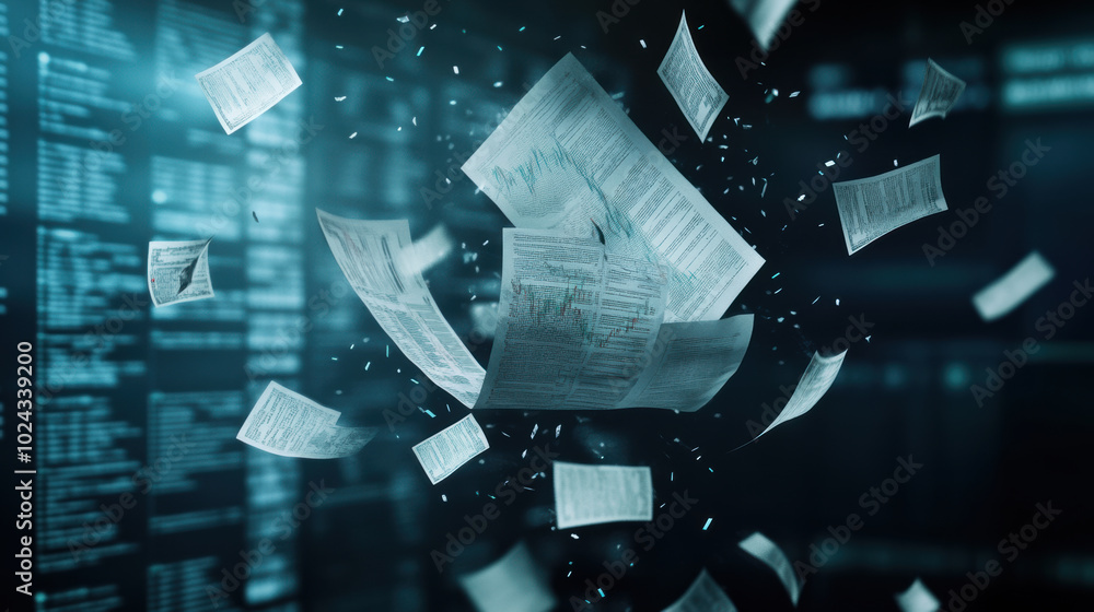 Aufkleber papers flying as stock charts fall, creating sense of chaos and uncertainty in financial world. this
