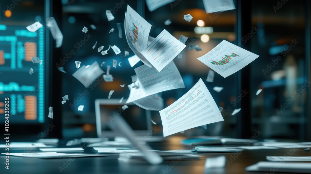 Poster papers flying as stock charts fall, creating chaotic scene in financial environment. atmosphere conv