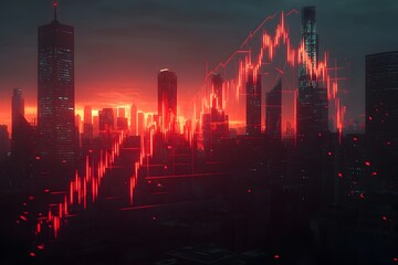 Crumbling Market Graph with Shadowy City Skyline in Dramatic Documentary Style