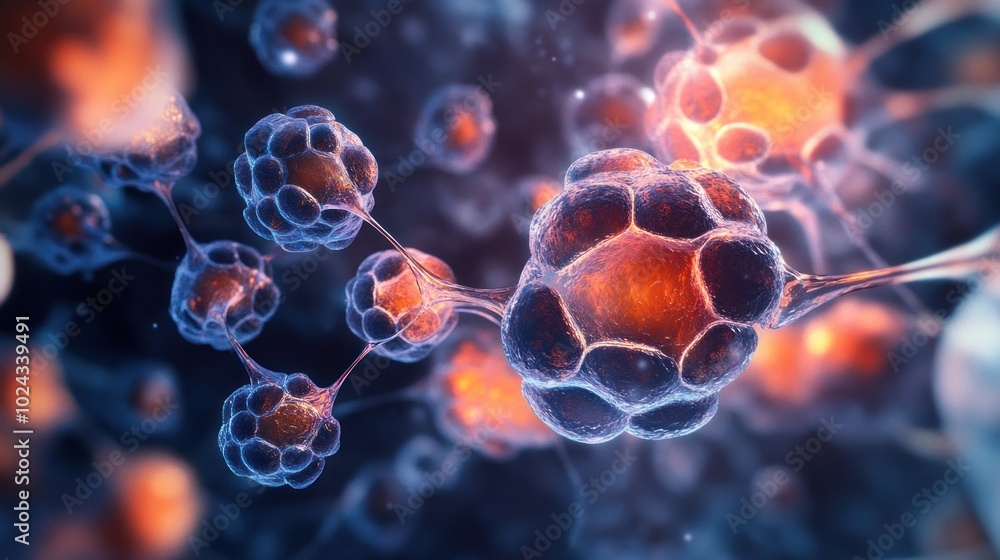 Aufkleber close-up view of interconnected cells with glowing elements, illustrating biological structures.