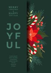 Trendy Christmas and Happy New Year Сard  with Spruce Branch, Poinsettia, Berries, Candy. Bright Universal Art Templates. Traditional Xmas Poster with Trendy Fonts for Social media, Website, sale.