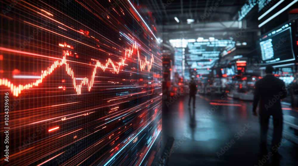 Poster digital stock board displaying red alarm lights and fluctuating graphs, creating sense of urgency an