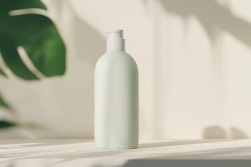 Minimalist Shampoo Bottle in Simplistic Environment, Clean lines, Soft colors, Modern design, Functional elegance, Everyday essentials