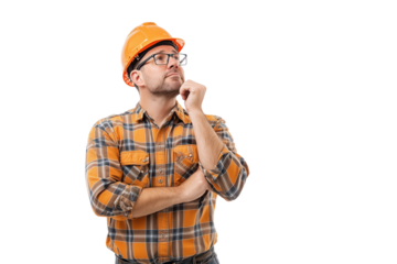 Thoughtful Construction Worker in Orange Hardhat