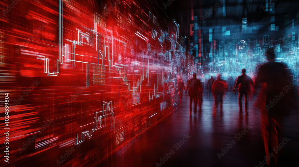 Poster digital data streams create vibrant atmosphere as silhouettes of people move through high tech envir