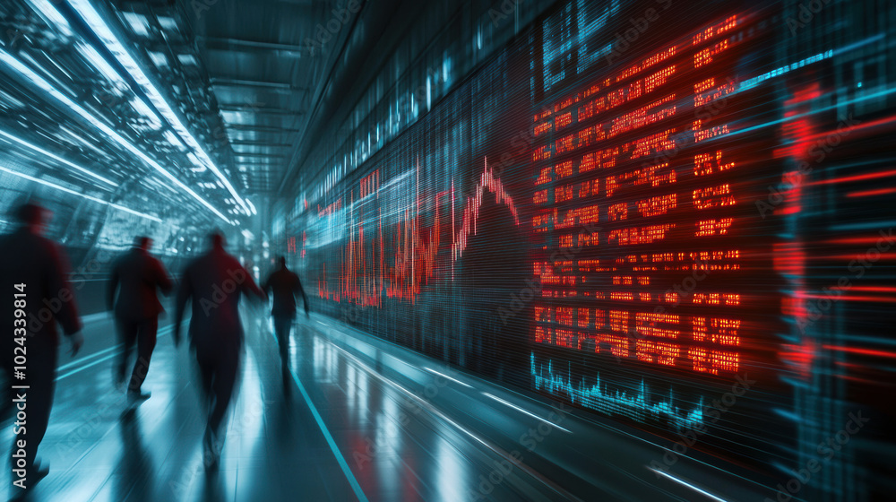 Aufkleber image depicts stock traders moving quickly in high tech environment, with flashing red alarms and st