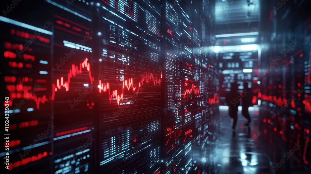 Aufkleber high tech trading environment with flashing red alarms and stock market data displayed on screens. t