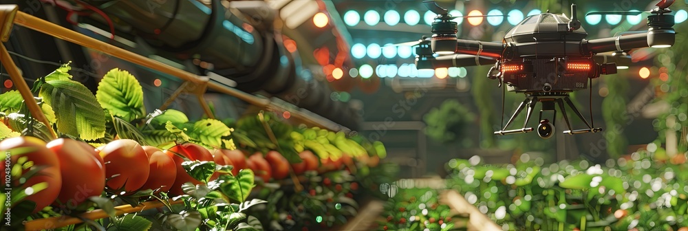 Aufkleber Drones and sensors actively monitor crops in a high-tech farm utilizing AI to enhance agricultural efficiency and practices. Generative AI