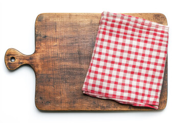 Wooden cutting board with red check napkin isolated on white, top view