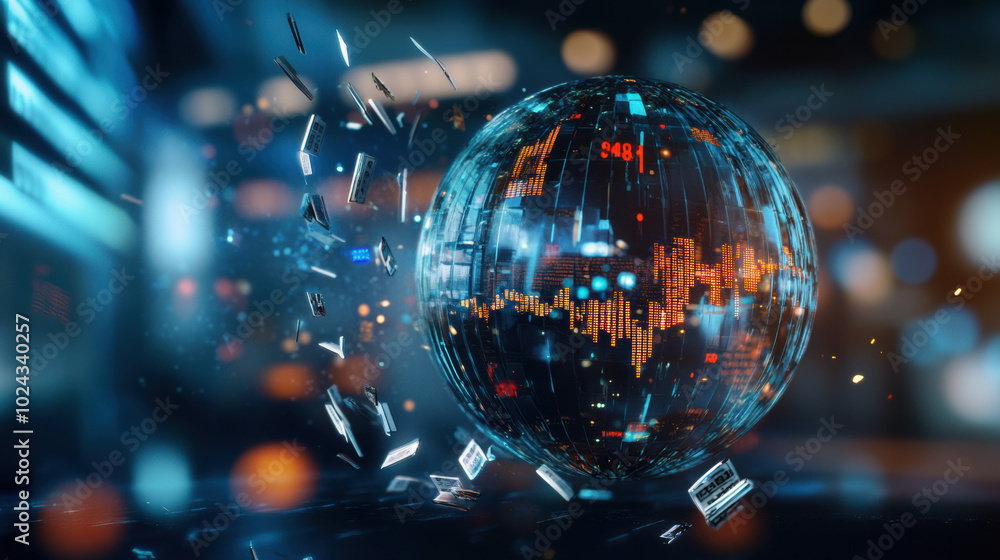 Poster shattered glass globe filled with stock symbols, representing financial markets and data analysis. d