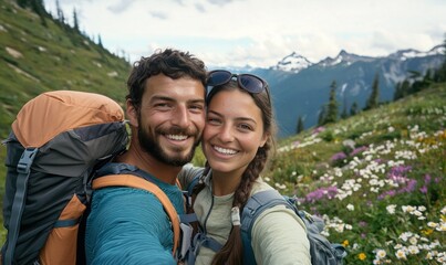 Happy couple taking a selfie while hiking in the mountains with backpacks and wool hats Generative AI