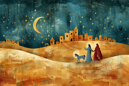 Illustration of Mary and Joseph travelling to Bethlehem