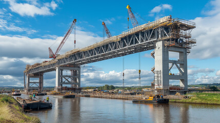 Obraz premium Bridge Being Built Over River