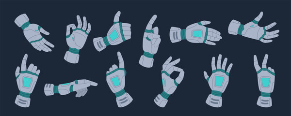 Hand, robot tech set. Palm, arm gesture cyborg. Computer technology, innovation, engineering machine. Intelligence robotic AI. Vector mechanic tidy limb, cartoon flat style isolated illustration