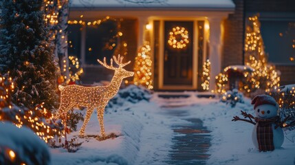 A front yard full of Christmas decorations, glowing reindeer, and a snow-covered walkway leading to the front door.