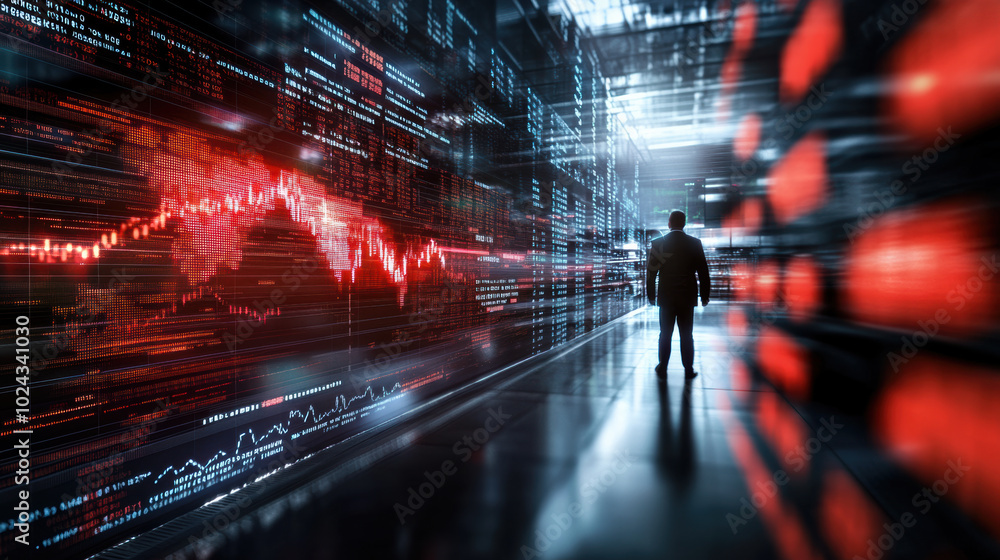 Poster lone trader stands in high tech stock market environment, surrounded by glowing red data displays an