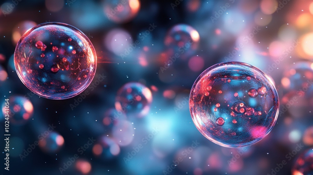 Poster abstract representation of colorful bubbles in a cosmic background.