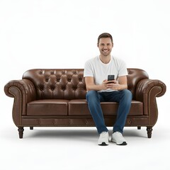 A casually dressed man sitting on a modern blue sofa, holding a smartphone and smiling, with a plain white background. Ideal for tech, lifestyle, and home decor themes