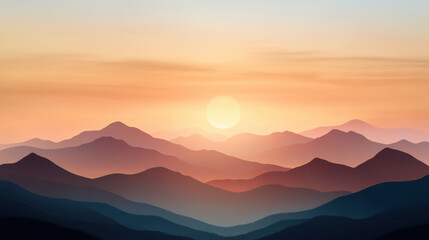 Obraz premium stunning sunset over mountain range, glowing with warm orange and soft pastel hues, creates serene and tranquil atmosphere. layers of mountains fade into distance, enhancing beauty of nature
