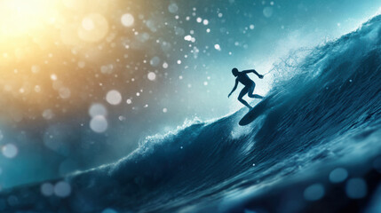 Surfer riding crashing wave during sunset, showcasing thrill and beauty of surfing. vibrant colors and dynamic motion create exhilarating atmosphere