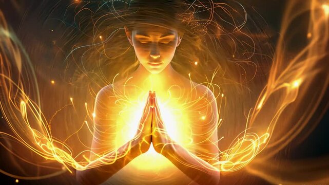 Woman in Meditation pose and self healing energy glowing from within using crystal singing bowl to improve inner peace and relaxation  