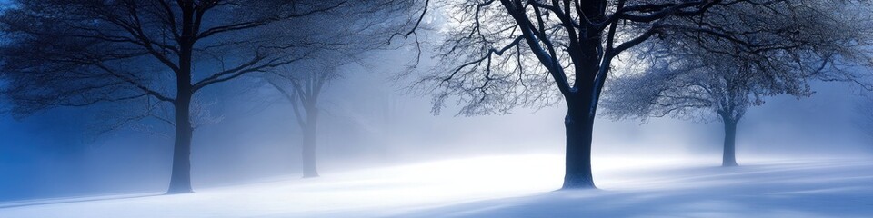 Winter Tree Silhouette in Enigmatic Blue Fog. Snowy Woodland Scene with Dramatic Seasonal Aura. Christmas Atmosphere in Frosty Scenic Landscape