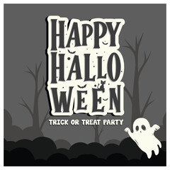 Treat or trick party. Cute ghost with a horror tree at night. Halloween party concept. Flat vector illustration.