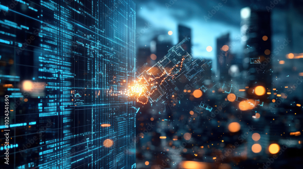 Poster digital data streams collide in futuristic cityscape, creating vibrant explosion of light and energy