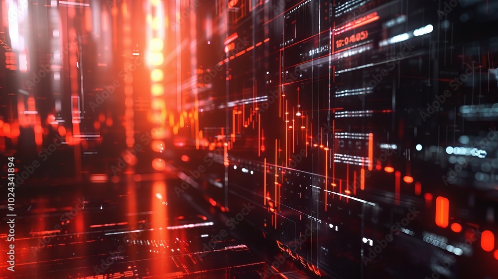 Poster digital stock market trading with rising graph analytics, illuminated financial data and market tren
