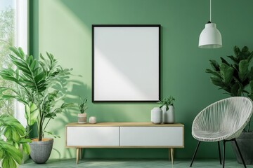 Modern Interior Design with Vintage Poster Frame on Wooden Cabinet in Living Room