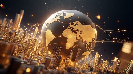 Global Financial Network: An image of Earth with golden lines linking major financial centers, showing the global flow of digital currencies and stock market data in real time.