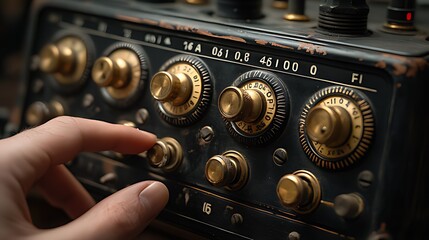 A hand adjusting a vintage radio's dial.