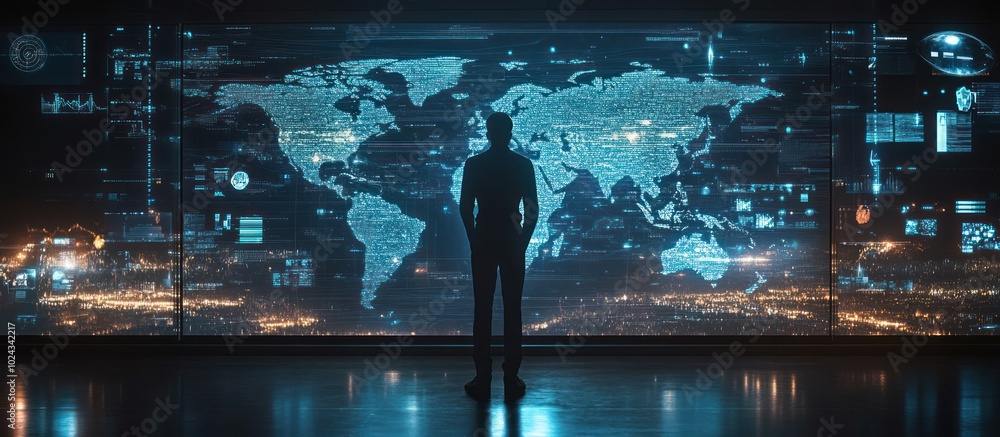 Aufkleber a lone figure stands before a large screen displaying a digital world map with glowing data points.