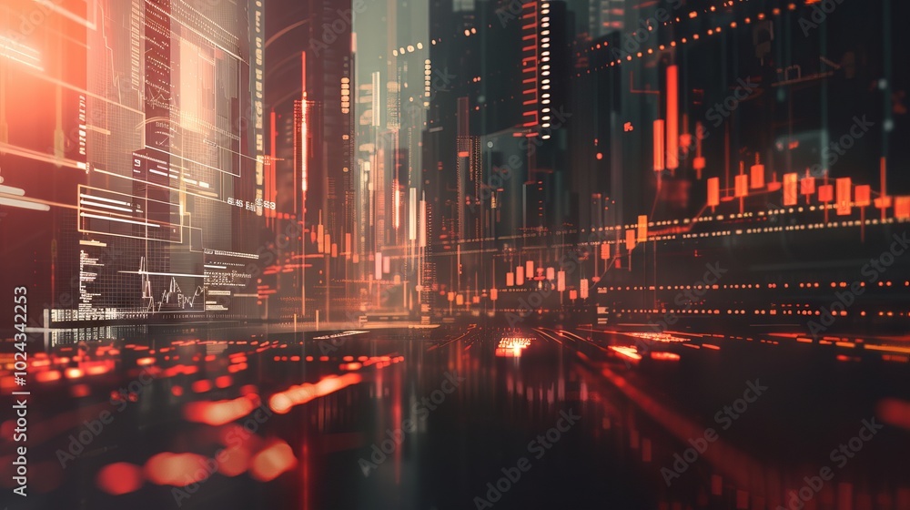 Poster digital stock market trading with rising graph analytics, illuminated financial data and market tren