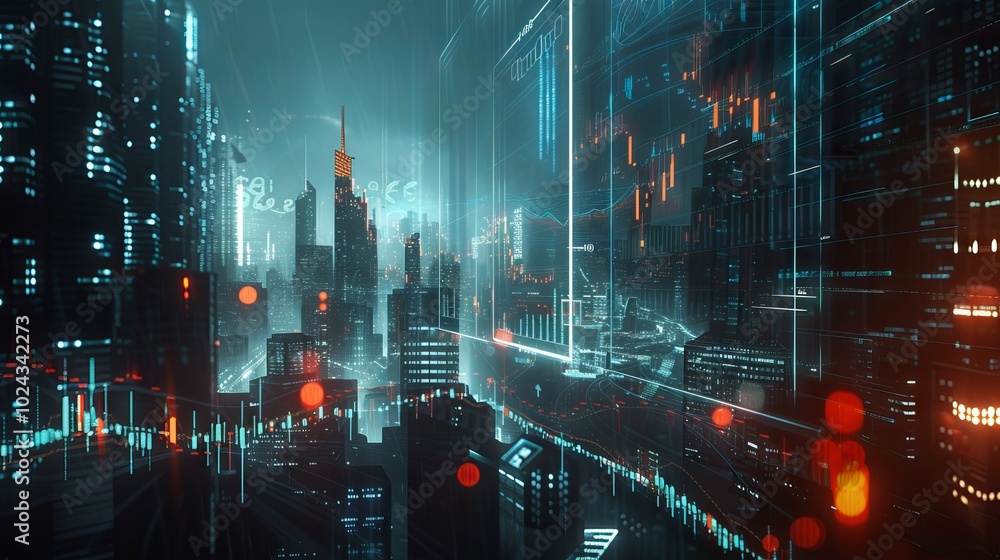 Poster digital stock market trading with rising graph analytics, illuminated financial data and market tren