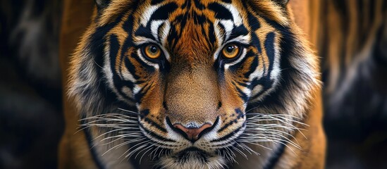 Obraz premium Close-up of a tiger's face, with sharp focus on the eyes and nose, looking directly at the camera.
