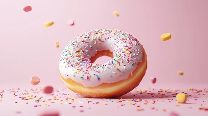 A delicious-looking frosted donut with colorful sprinkles is suspended in mid-air, surrounded by falling sprinkles and a pink background.
