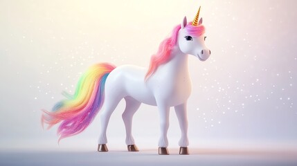 A magical white unicorn with a rainbow mane and tail stands on a white background.