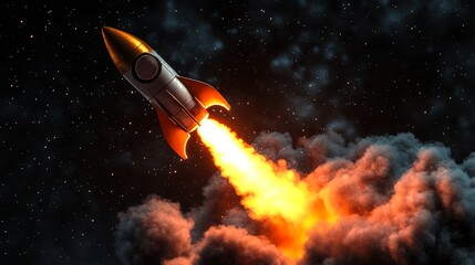 Naklejka premium A rocket blasting off into space with a bright flame.