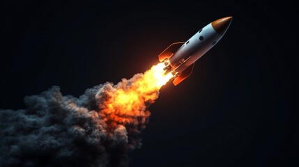 Fototapeta premium A rocket ship with fiery exhaust trail soaring through the dark night sky.