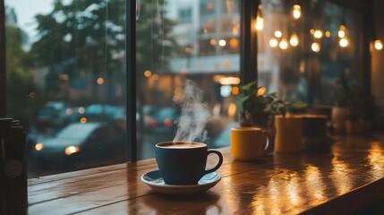 A steaming cup of coffee sits on a wooden table by a window in a cafe.