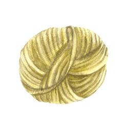 Watercolor ball of yarn. Skein of knitting thread ochre yellow pastel coloured clipart hand drawn illustration Woolen or cotton handmade element for Hobby logo, product label isolated from background 