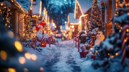 A street view of multiple houses, each decorated with bright lights, candy canes, and festive holiday figures, covered in snow.