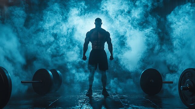 A muscular silhouette stands triumphantly amidst a smoky gym, embodying strength and determination in the pursuit of fitness.