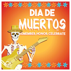 Cute skeleton playing guitar. Day of the dead with flowers. Day of the Dead concept. Flat vector illustration.