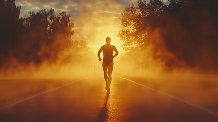 Obraz premium A silhouette of a runner in the early morning fog, bathed in golden sunlight, symbolizing endurance and freedom.