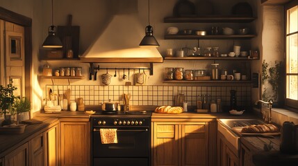 A rustic kitchen with warm lighting, wooden cabinets, and a farmhouse sink.